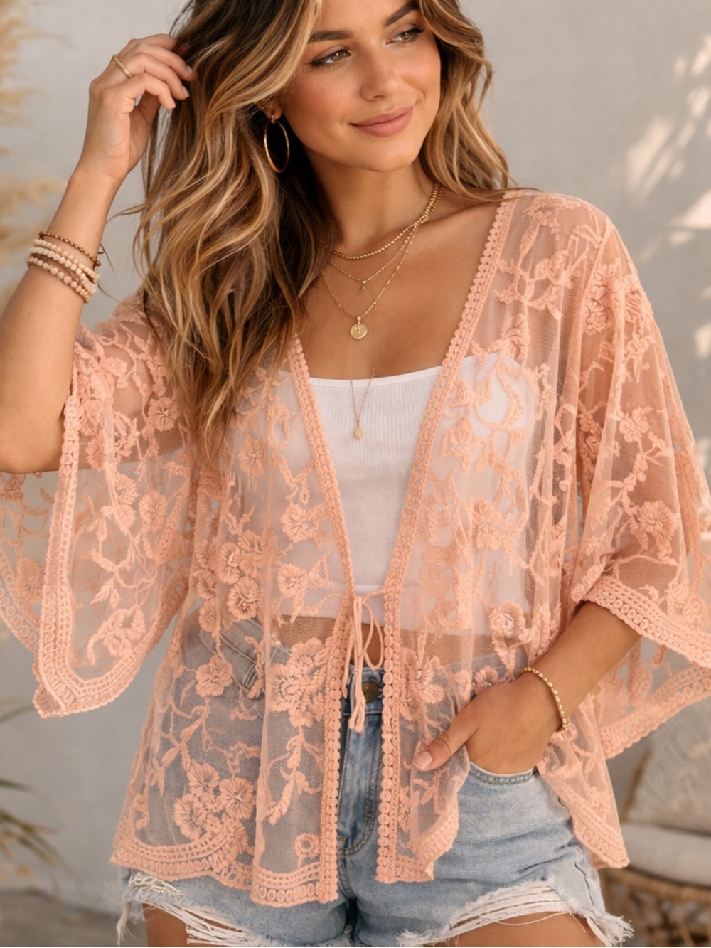 Sheer Floral Embroidered Mesh Kimono Cardigan L Tie Front Boho Fairy Festival